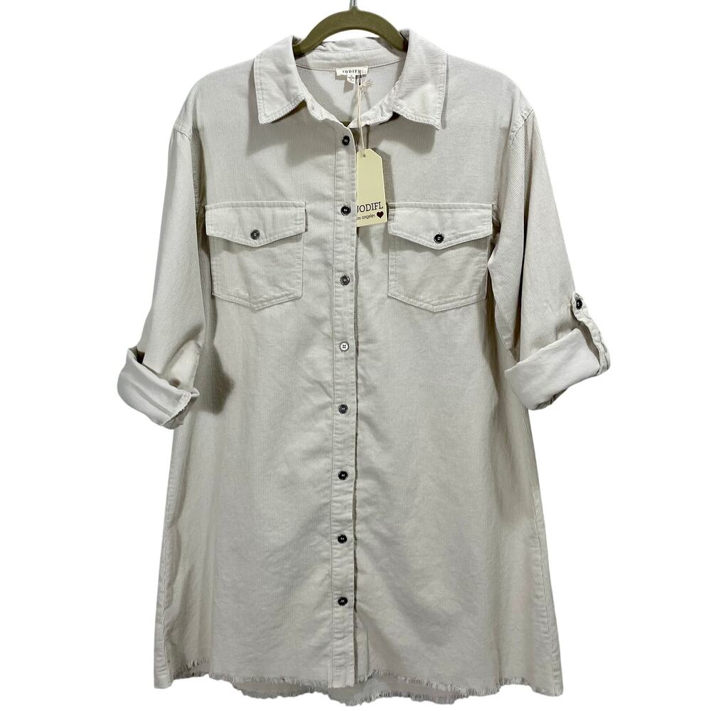 Jodifl Corduroy Beige Oversized Shirt Dress Roll-Tab Sleeves Frayed Hem Sz Small